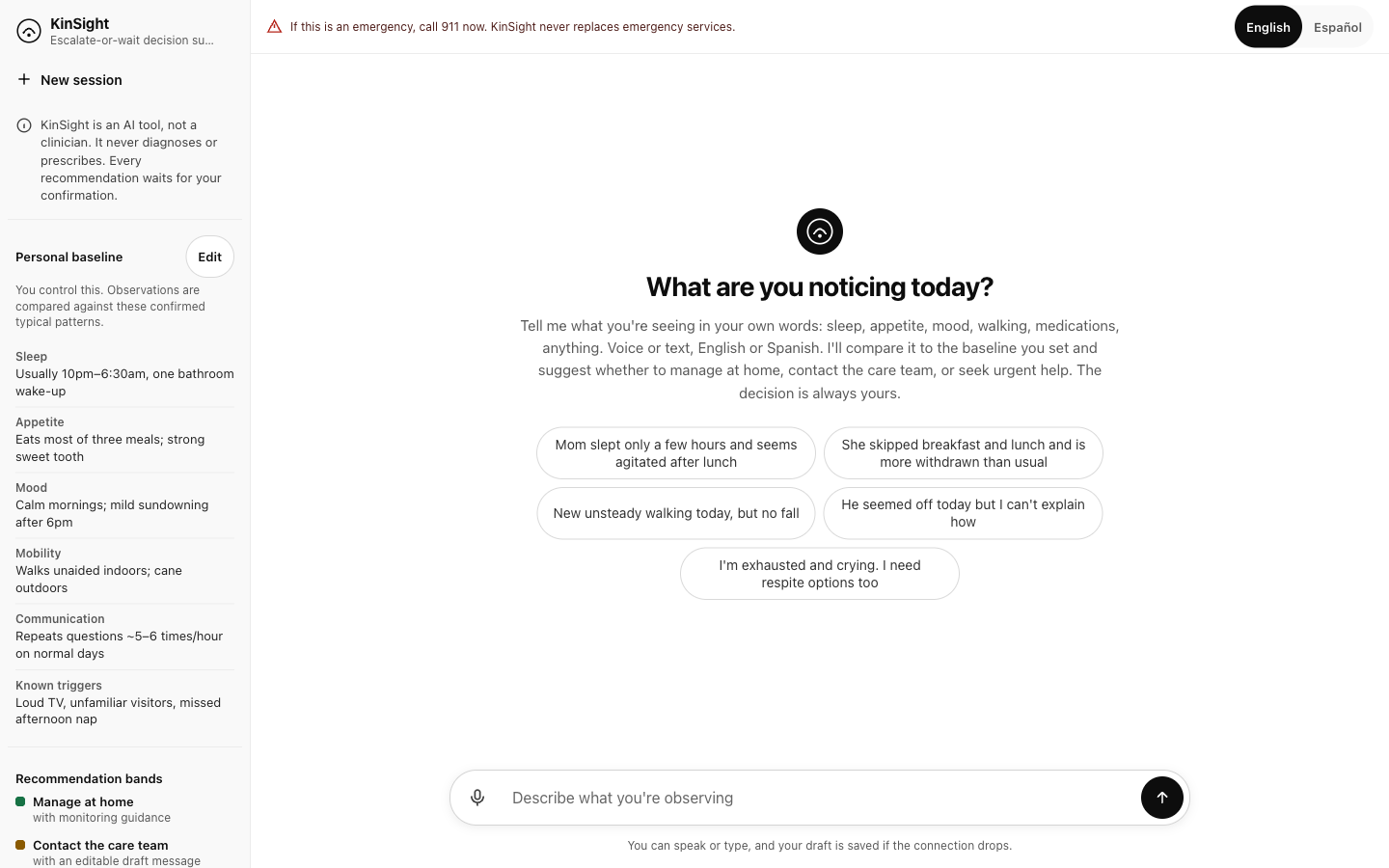 KinSight app: personal baseline sidebar and “What are you noticing today?” decision support